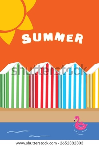 Summer Vibes Beach Poster with Colorful Wooden Cabins and Float Rings
 The design captures the joyful and relaxed spirit of tropical summer holidays with a playful vibrant color palette.

