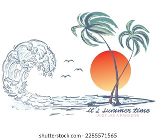 Summer vibes. Beach vector print artwork with big wave, palm tree, sun, Palms, beach. California, Hawaii, Miami, Florida slogan print design. 