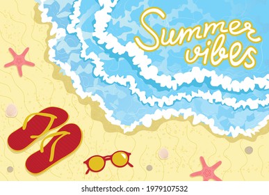 Summer vibes. Beach, waves, sun, sea, flip flops, shells, glasses