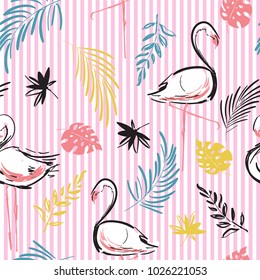 Summer vibes Beautiful hand drawing  pastel contrast tropical motif vector flamingo bird,leaves,tropical leaves,pattern on sweet stripe pink background.