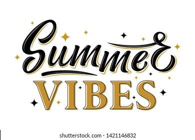 Summer vibes. Black and gold hand drawn lettering phrase with stars isolated on white background. Design element for poster, banner, flyer, postcard. Vector illustration