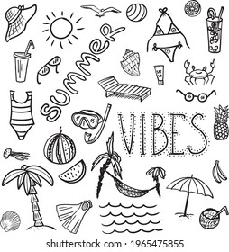 Summer vibes - black and white vector illustration set, background, doodle drawing