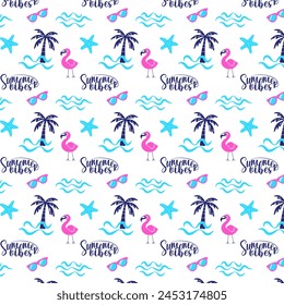 Summer vibes bright seamless pattern. Palm, sea waves, pink flamingo, sea star, sunglasses repeat on white background. Fashion vector illustration in modern style.