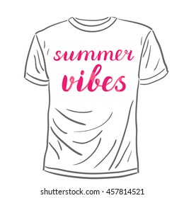 Summer vibes. Brush hand lettering on a sample t-shirt. Great for beach tote bags, swimwear, holiday clothes, posters, and more.