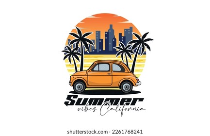 Summer vibes California - Retro car with trees and city on the background, Summer t-shirt design, Custom vector illustration for posters