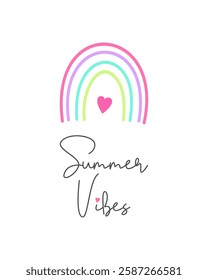 Summer Vibes card, rainbow with heart, summer mood, bright colors on white background. Vector illustration