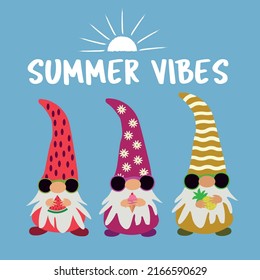 Summer vibes card with three gnomes wearing sunglasses and holding fruits and ice cream on blue background. For summer posters and summer holidays greeting cards 