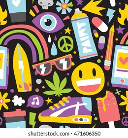 Summer vibes cartoon hipster objects seamless vector pattern black