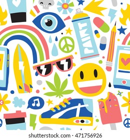 Summer vibes cartoon hipster objects seamless vector pattern white