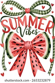 summer vibes  A cheerful and colorful summer-themed illustration featuring the phrase "Summer Vibes" with decorative bows.