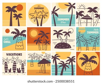 Summer vibes and chill vacation time on tropical sunny beach resort palm trees colorful card template set. Exotic paradise backgrounds with jungle forest and seacoast travel design vector illustration