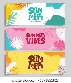 Summer vibes clipart banner set. Summer greeting card in colorful abstract clip art collection with tropical leaves elements banner template vector illustration. 