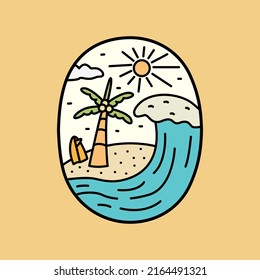 Summer vibes, coconut and surfboard with waves in the beach design for badge patch emblem graphic vector art t-shirt design