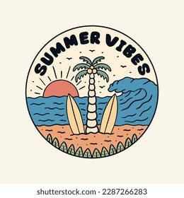 Summer vibes with the coconut and twin surfboard design for t-shirt, badge, sticker, etc  for design t-shirt, badge, sticker, etc