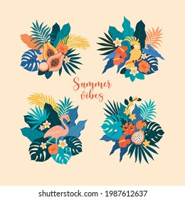 Summer vibes collection. Vector illustration of four bright compositions with tropical leaves, fruits and birds. Isolated on background 