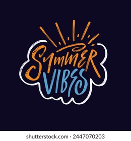 Summer Vibes colorful hand drawn lettering phrase. Modern holiday celebration text on black background.