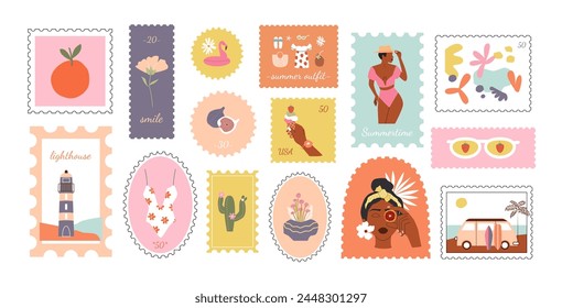 Summer vibes colorful stickers and elements. Tropic fruity aesthetic. Black young women, fruits, tropical exotic leaves and flowers, flamingo, ice-cream. Exotic background, stamp, badge, label.