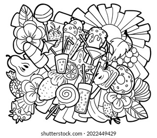 Summer vibes coloring page. Black and white illustration.