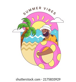 Summer Vibes Concept With Cheerful Man Holding Swimming Ring, Coconut Tree, Sun And Beach Side On White Background.