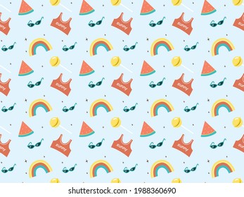 Summer vibes concept. Colorful beach pattern with cartoon elements