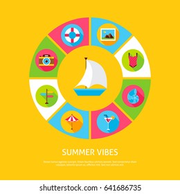 Summer Vibes Concept. Vector Illustration of Sea Holiday Infographics Circle with Icons.