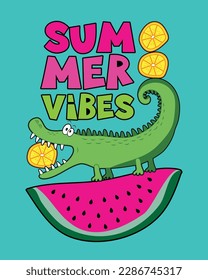 Summer Vibes -  cool alligator on the watermelon slice. Good for T shirt print, poster, card, label, travel set.