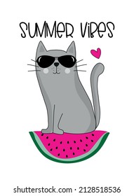 Summer Vibes - cool cat on watermelon slice. Good for T shirt print, poster, card, label, and other desoration.