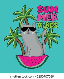Summer vibes - cool cat on the watermelon slice. Good for T shirt print, poster, card, label, travel set.