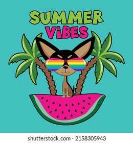 Summer vibes - cool chihuahua dog on the watermelon slice. Good for T shirt print, poster, card, label, travel set