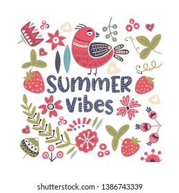Summer vibes. Cute cartoon vector bird card. Folk art vector animal illustration in scandinavian style. Floral art.