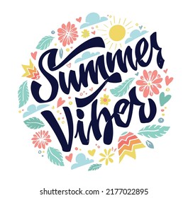 Vibes de verano. Cita de carteles dibujada a mano. Leer arte para el diseño de camisetas, invitación, postal, afiche, web.