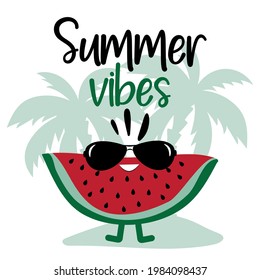 Summer Vibes- cute smiley watermelon slice on island. Good for T shirt print, poster, card, travel set, label and other gifts design.