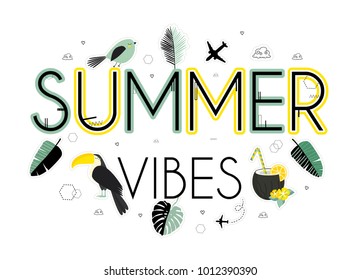 Summer vibes. Cute  vector illustration. Sun, sea. Tropical island. Vacation, recreation, holiday, travel