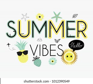 Summer vibes. Cute  vector illustration. Sun, sea. Tropical island. Vacation, recreation, holiday, travel