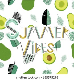 Summer vibes. Cute  vector illustration with  trendy  tropical leaves and avocado. Tropical island. Vacation, recreation, holiday, travel