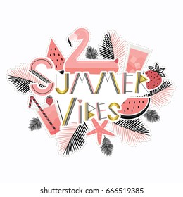 Summer vibes. Cute  vector illustration. Sun, sea. Tropical island. Vacation, recreation, holiday, travel