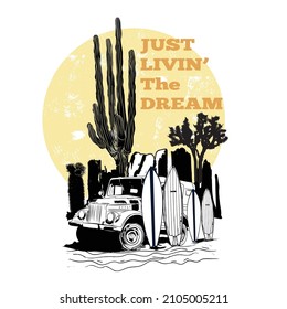 Summer Vibes With Desert Time, summer van, surfboard, desert mountain, cactus, feel the sunset, Arizona Cactus Sunset Vector Illustration, Desert printed t-shirt graphic design for apparel.