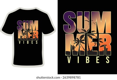 Summer vibes design featuring palm trees and a surfer at sunset