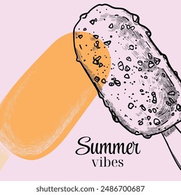 Summer vibes design with two hand drawn vector ice cream on stick. One flat orange ice cream and one line art chocolate chip ice cream on stick on a lavender background.