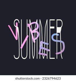 Summer Vibes Digital and Hand Drawn Typography Template Style, Holographic Blue and Pink Gradient and White