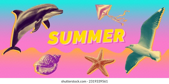 summer vibes with dolphin starfish seagull shell kite on bright trendy colors gradient with vintage distressed halftone dot background pattern design template poster banner modern pop art style