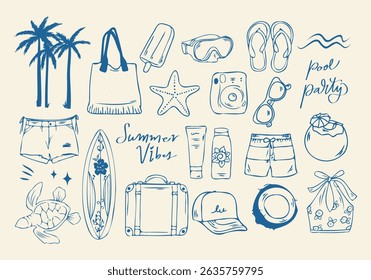 Summer Vibes Doodle Collection Beach and Travel Clipart. Perfect for travel blogs, summer marketing campaigns, greeting cards, and vacation themed designs.