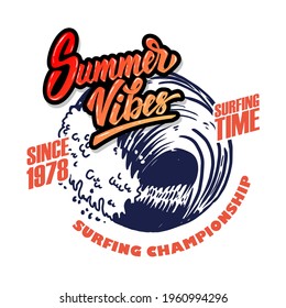 Summer Vibes. Emblem template with sea waves. Design element for poster, card, banner, sign, emblem. Vector illustration