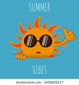 Summer Vibes Flat design with Cartoonish sun character. Summer art in trendy Cut Out paper style. Limited color Palettes season artwork. Vector illustration can used postcard, banner, poster, EPS 10