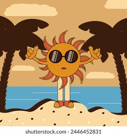Summer Vibes Flat design with kawaii Sun character. Tropical island in modern Limited color Palettes style. Travel agency concept. Vector illustration can used web social media  banner, poster, EPS 10
