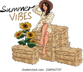 Summer vibes flat hand drawn vector lettering. Pretty woman sitting on hay bales with sunflowers. Fashion summer look. Girl in hat and polka dot dress. Seasonal postcard, poster, sublimation print 