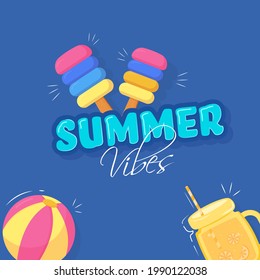Fonte De Vibes De Verão Com Sorvetes, Bola De Praia E Ilustração De Jarro No Fundo Azul.