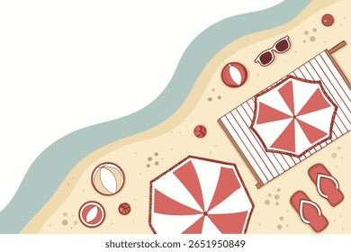 Summer vibes frame view, top view of summer paradise, summer background with umbrella