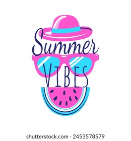 Summer vibes funny bright poster. Lettering, pink hat, sunglasses and watermelon slice on white. Trendy tropical design for print, poster, card. Vector illustration.