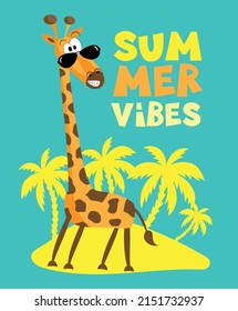 Summer Vibes - funny giraffe on island. Good for baby clothes, poster, card, label, and other gift design.